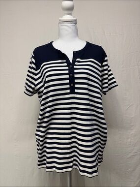 Chaps Navy and White Striped Short Sleeve Henley Tee